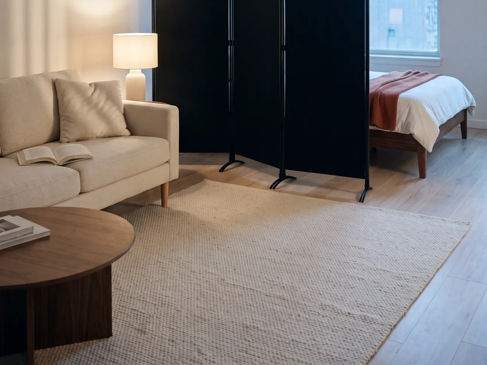 Three panel folding screen standing beside a bed in a studio apartment, a renter friendly way to divide a room in studio apartment ideas